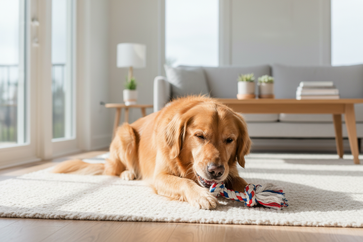 Calm Golden Retriever playing with a chew toy to reduce excessive barking