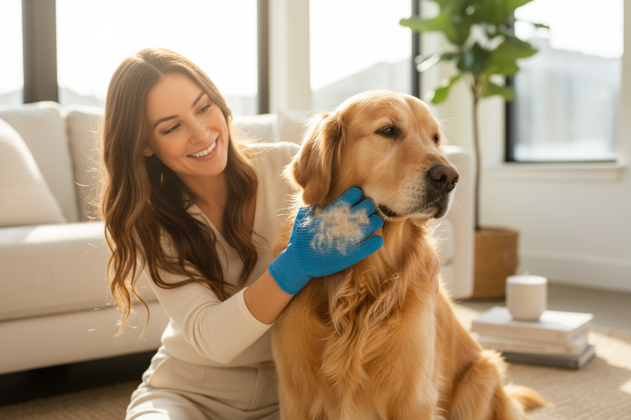 Golden Retriever being brushed with the PawNest TrueTouch Grooming Glove to reduce shedding