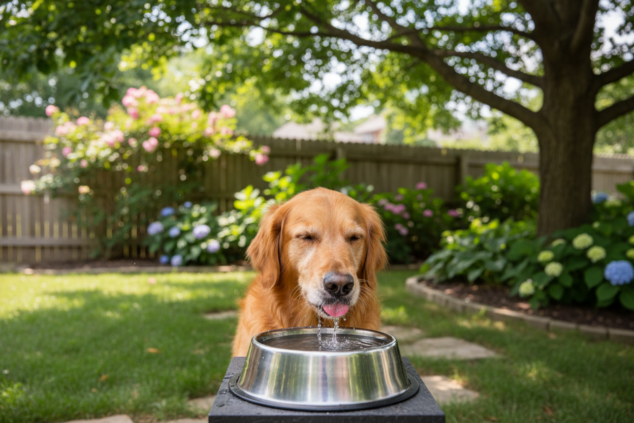 Golden Retriever drinking fresh water outdoors on a hot summer day