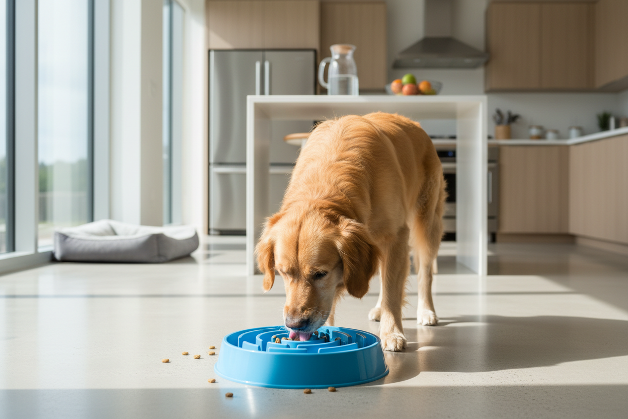 Golden Retriever eating from a slow feeder dog bowl at home