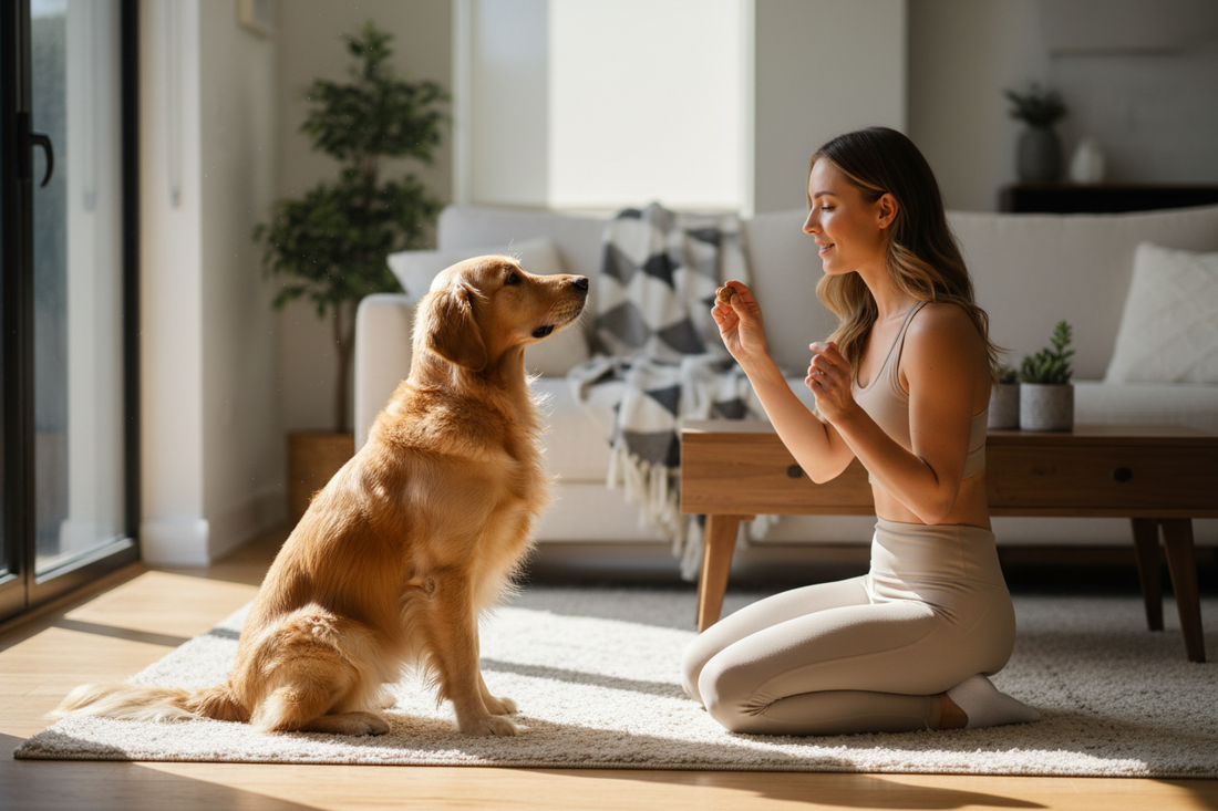 Golden Retriever learning basic dog training commands with its owner