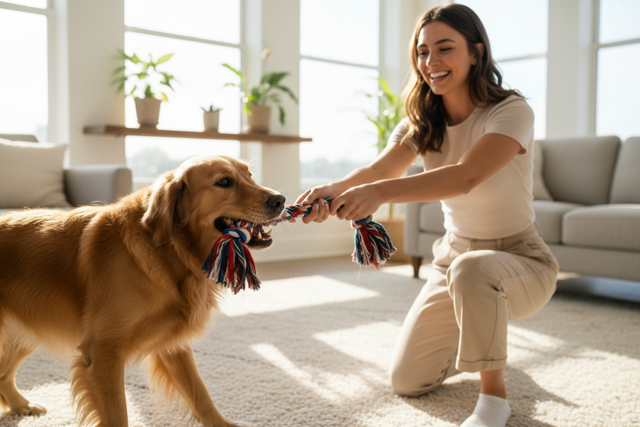 Golden Retriever playing tug-of-war with a cotton rope dog toy