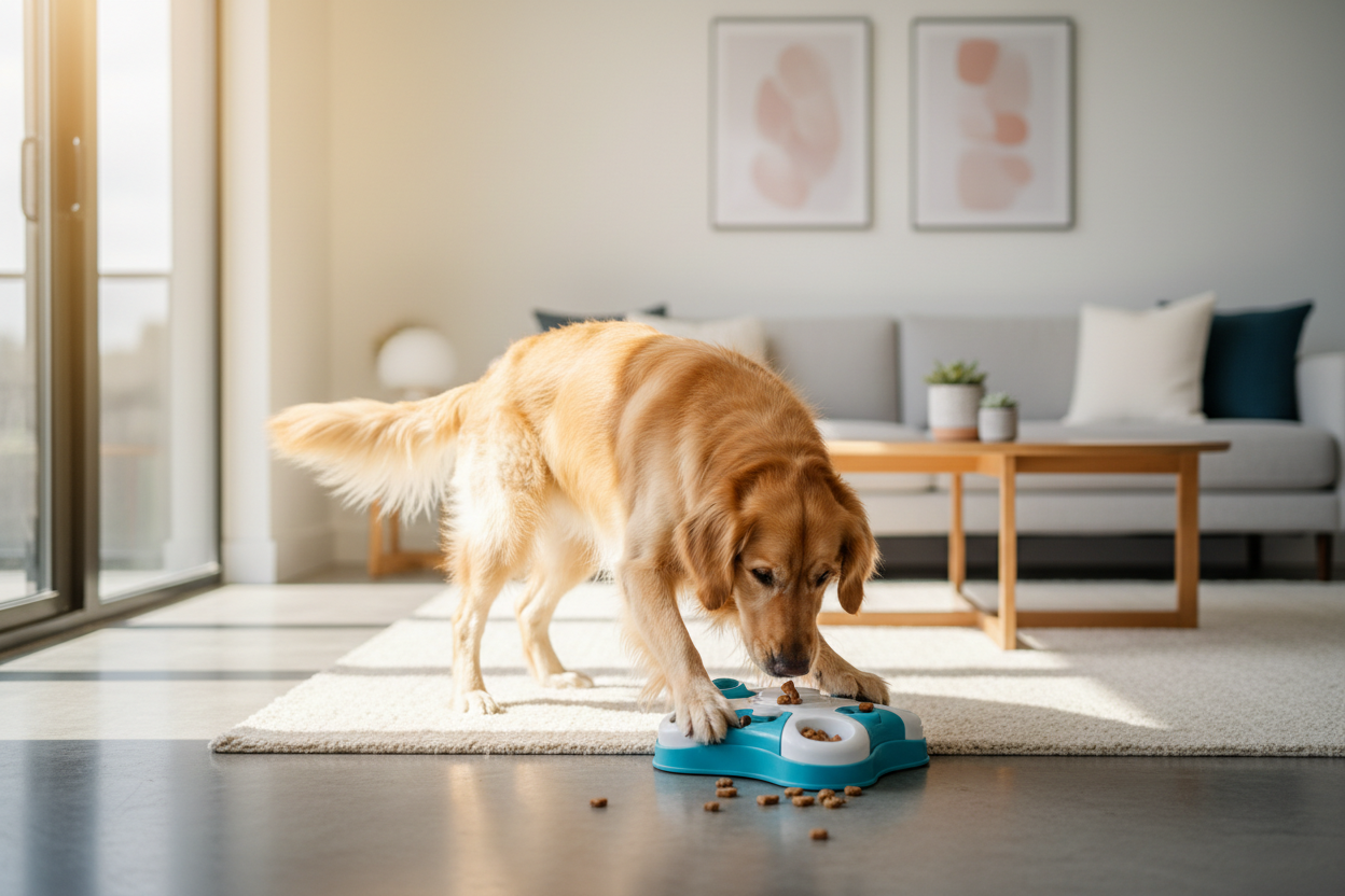 Golden Retriever playing with an interactive treat dispensing dog toy