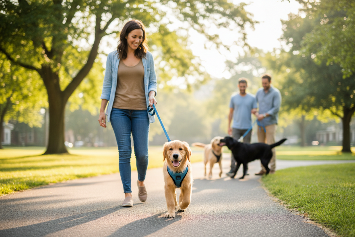 Golden Retriever puppy confidently walking with its owner during socialization training
