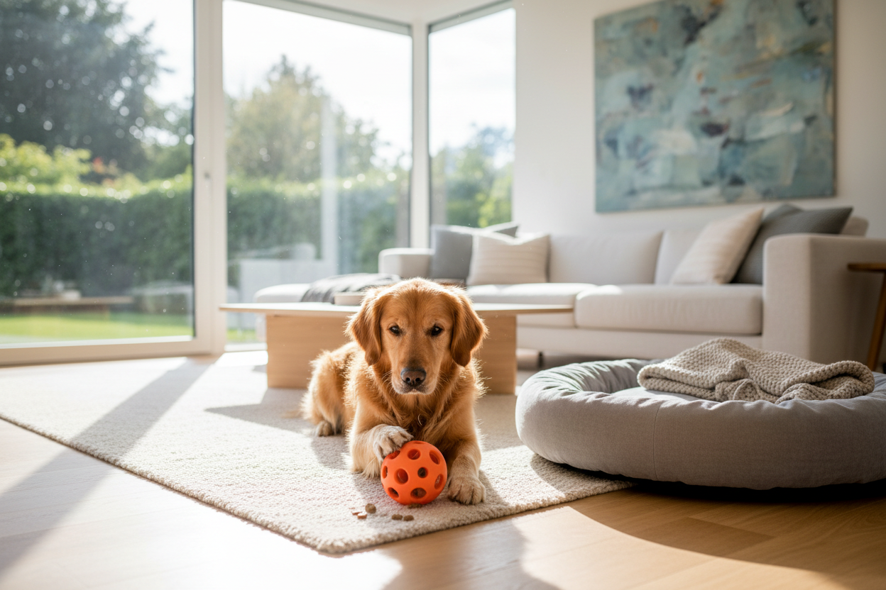 Golden Retriever staying calm while playing with an interactive treat dispensing toy at home