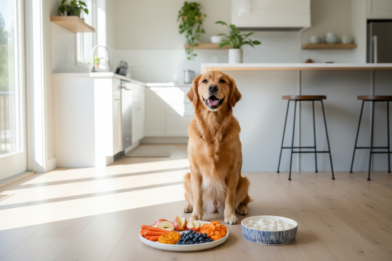 Golden Retriever waiting to eat healthy dog-safe foods including apples, carrots, and blueberries