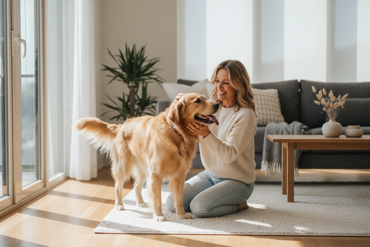 Happy Golden Retriever with its owner at home representing PawNest's mission to support healthy and happy pets