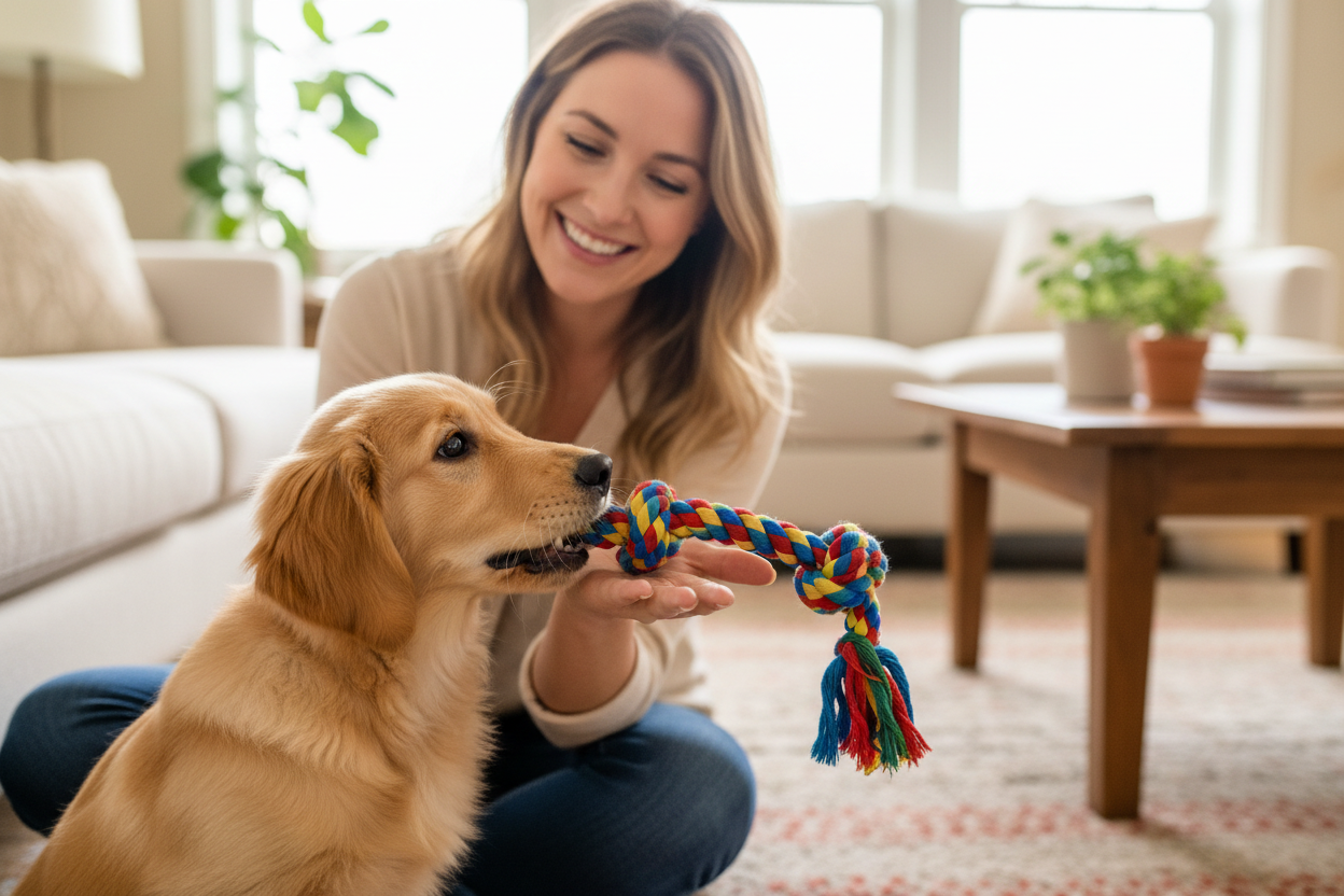 Golden Retriever puppy chewing a cotton rope toy during positive reinforcement training