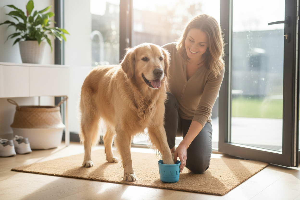 Pet owner cleaning a Golden Retriever's muddy paw with the PawNest Portable Dog Paw Cleaner Cup after a walk