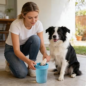 Dog owner cleaning muddy paws with PawNest Portable Dog Paw Cleaner Cup