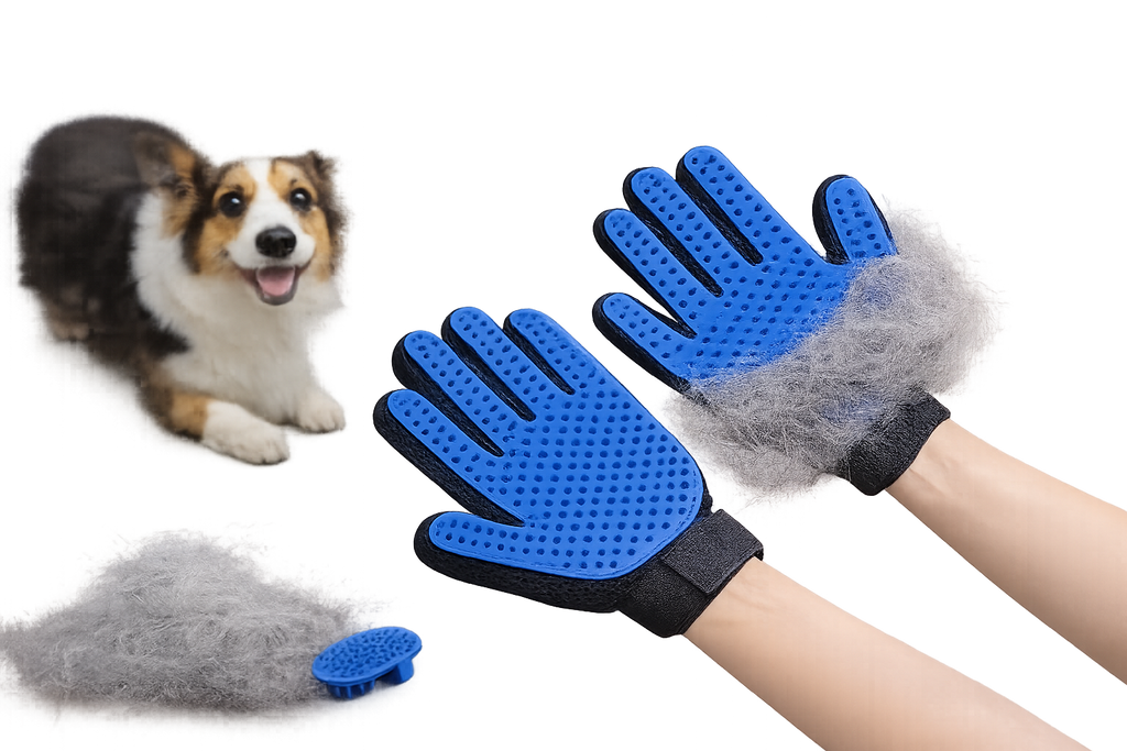 Blue Pet Grooming Glove for Dogs and Cats removing loose fur