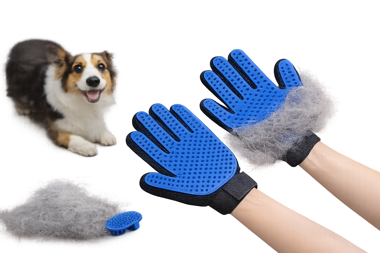 Blue Pet Grooming Glove for Dogs and Cats removing loose fur