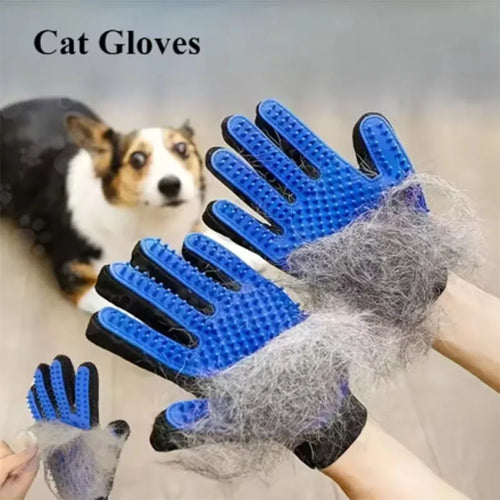 Dog grooming glove removing loose pet hair during brushing