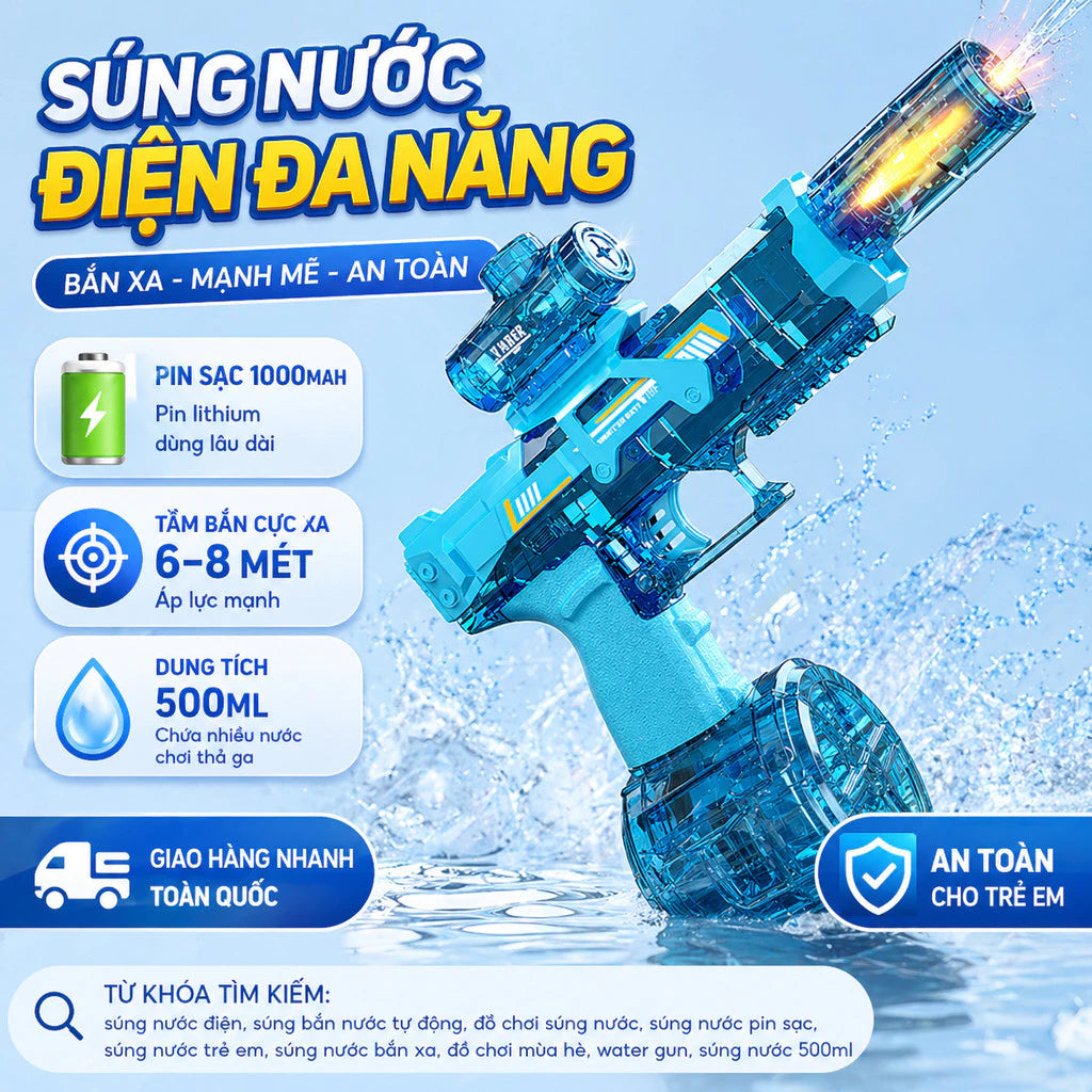 Súng Nước Điện Có Đèn LED – Phun Liên Tục, Bình Nước Lớn, Phiên Bản Nâng Cấp
