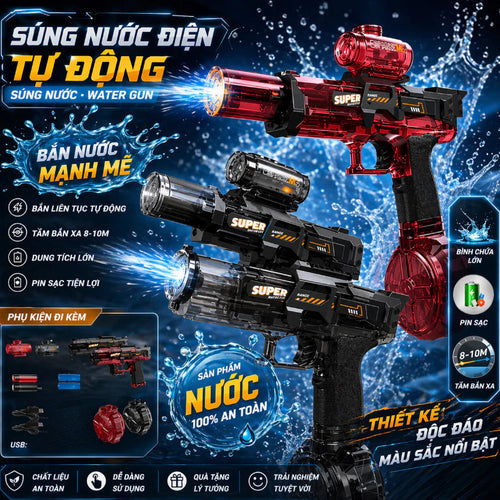 Súng Nước Điện Có Đèn LED – Phun Liên Tục, Bình Nước Lớn, Phiên Bản Nâng Cấp