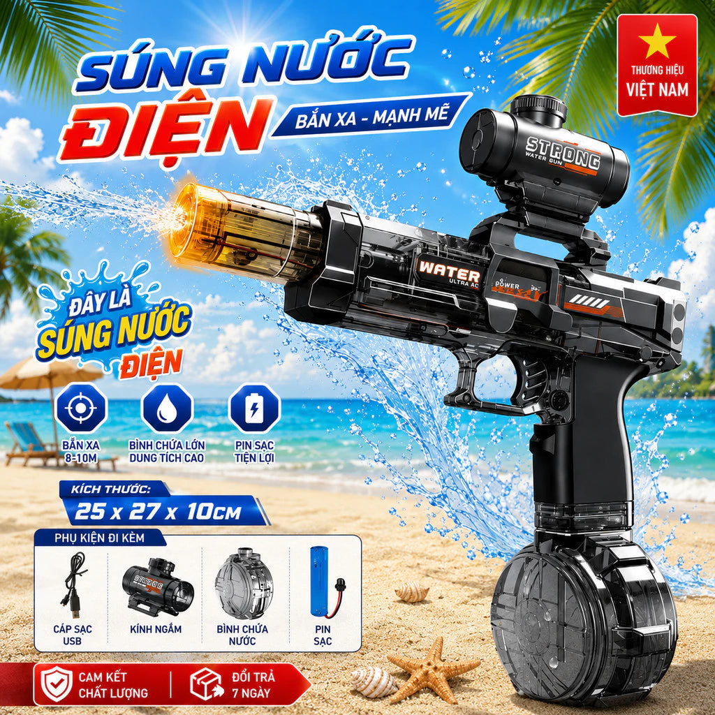 Súng Nước Điện Có Đèn LED – Phun Liên Tục, Bình Nước Lớn, Phiên Bản Nâng Cấp